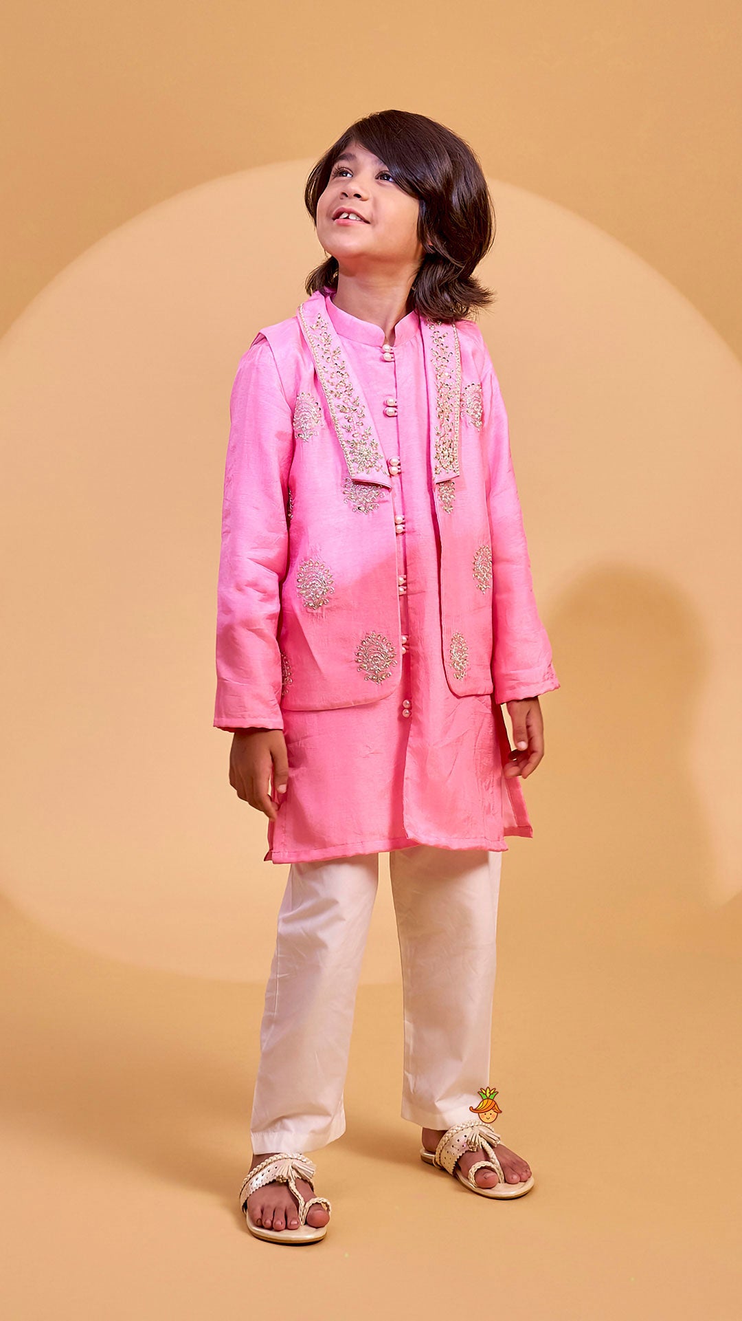 Loop Button Detail Kurta With Collar Neck Jacket And Pyjama