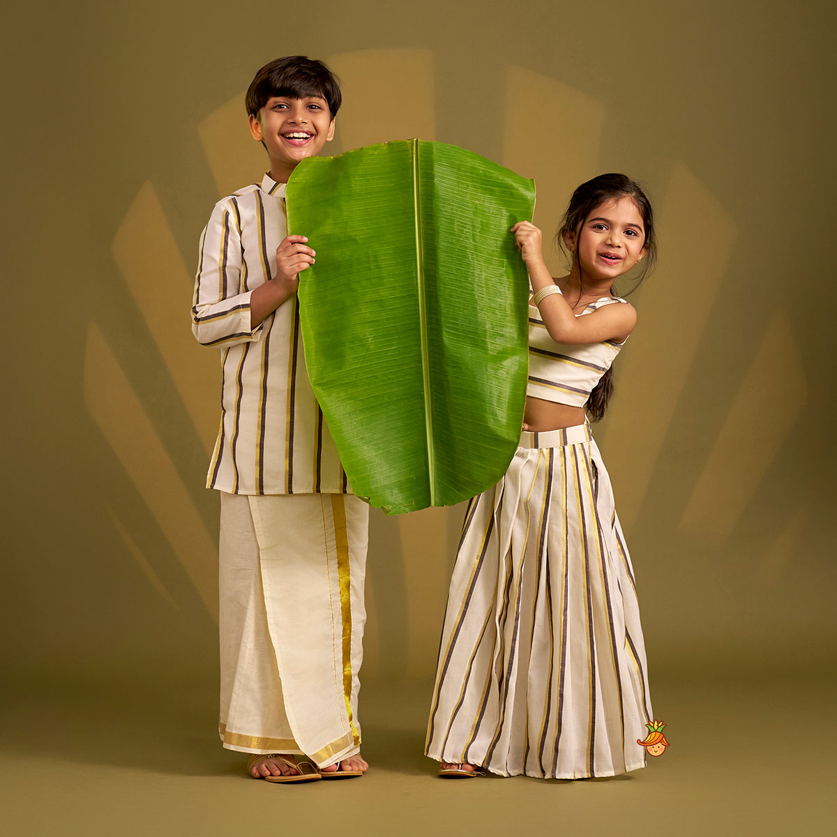 Classic Striped Kurta And Mundu twinning model image 1