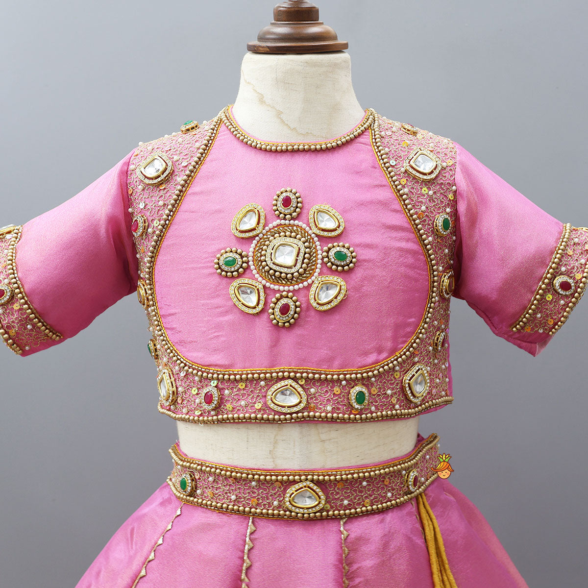 Shimmery Handcrafted Crop Top And Lehenga  With Contrasting Dupatta