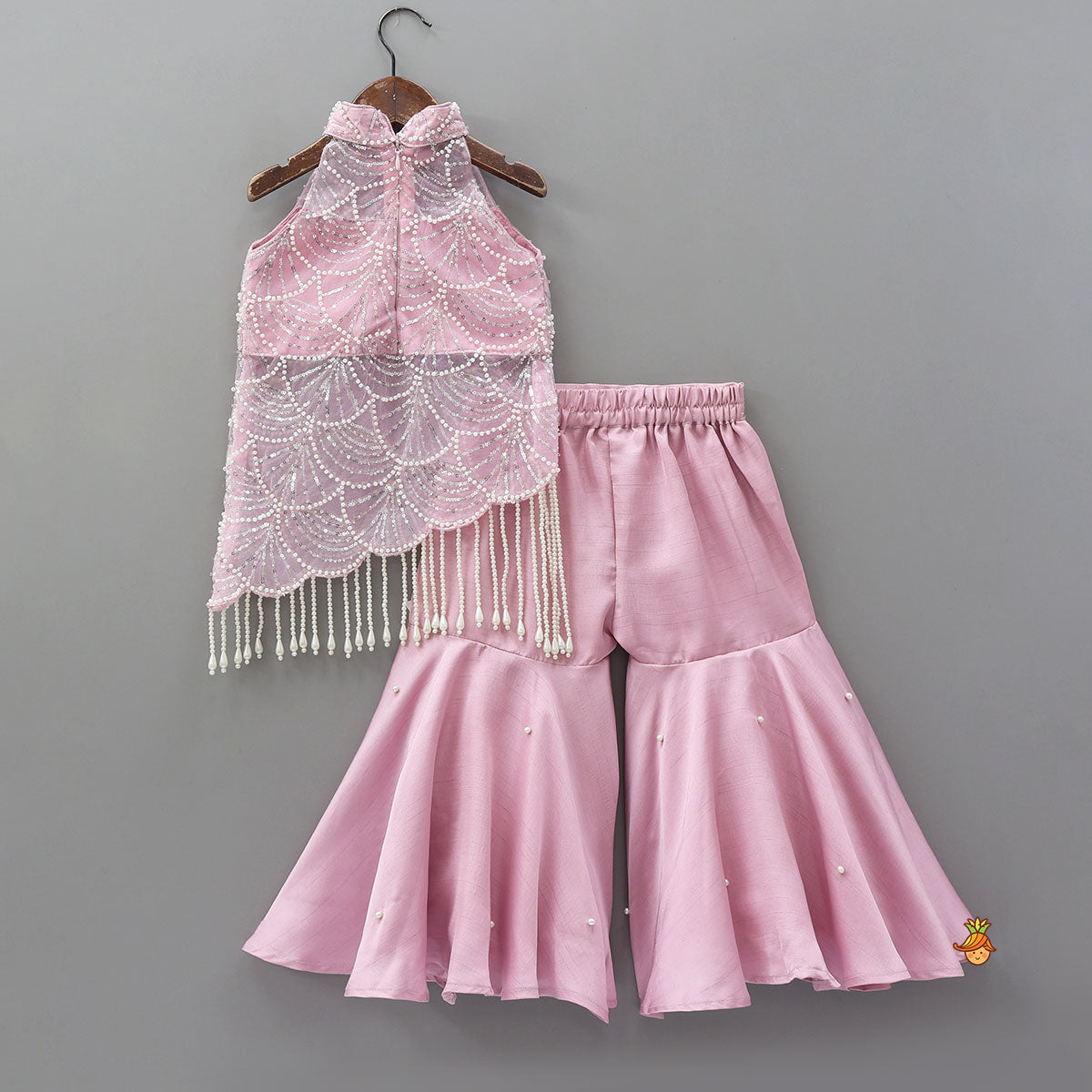 Asymmetric Heavy Work Top And Sharara With Matching Net Dupatta