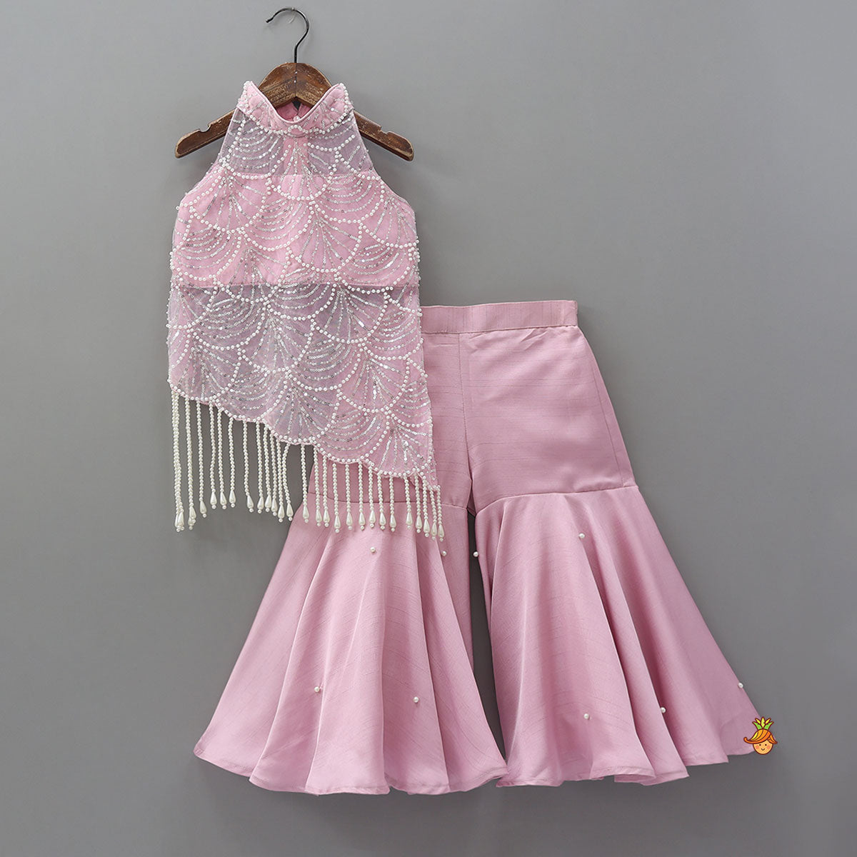 Asymmetric Heavy Work Top And Sharara With Matching Net Dupatta