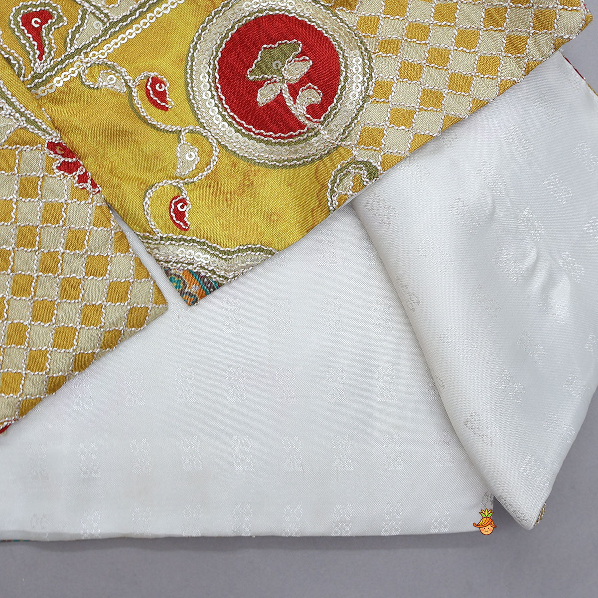 Contrast Thread Work Kurta and Pyjama With Floral Printed Open Jacket