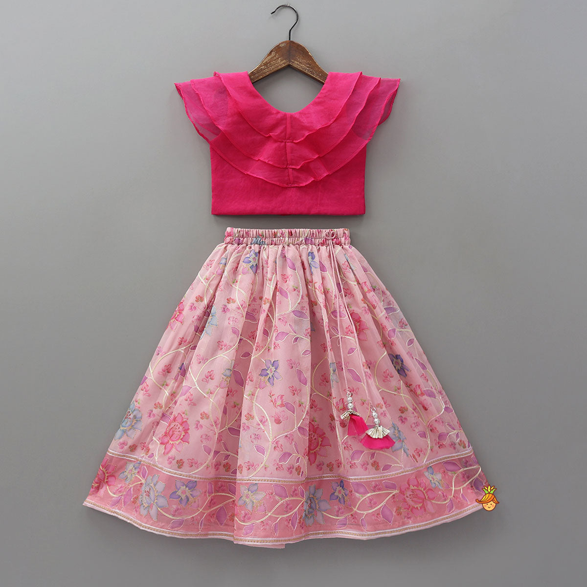 Ruffle Layered Top With Contrasting Printed Lehenga