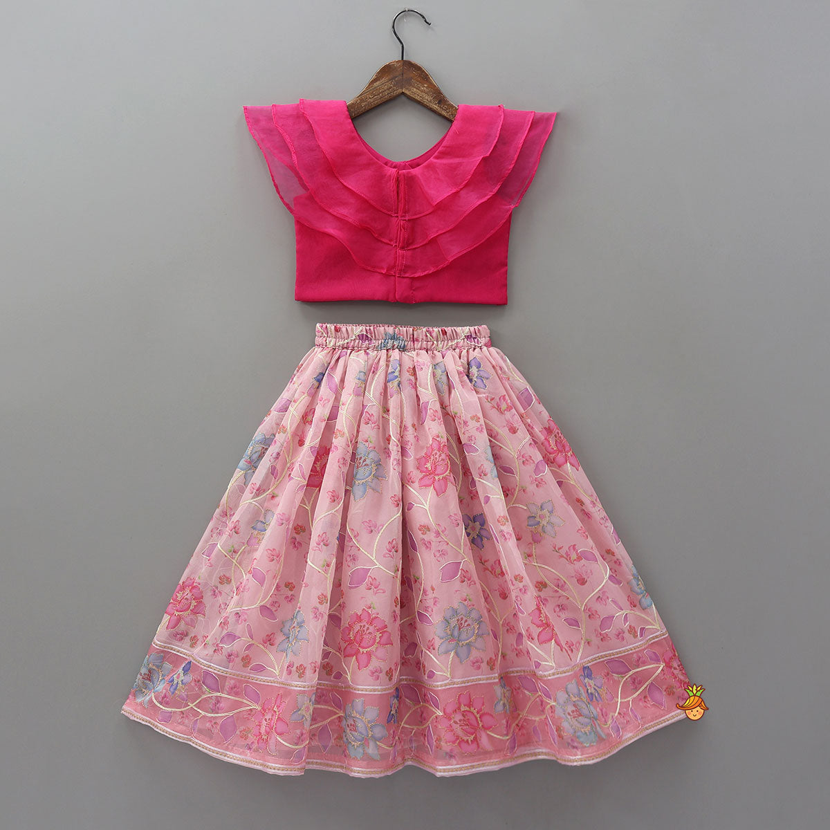 Ruffle Layered Top With Contrasting Printed Lehenga