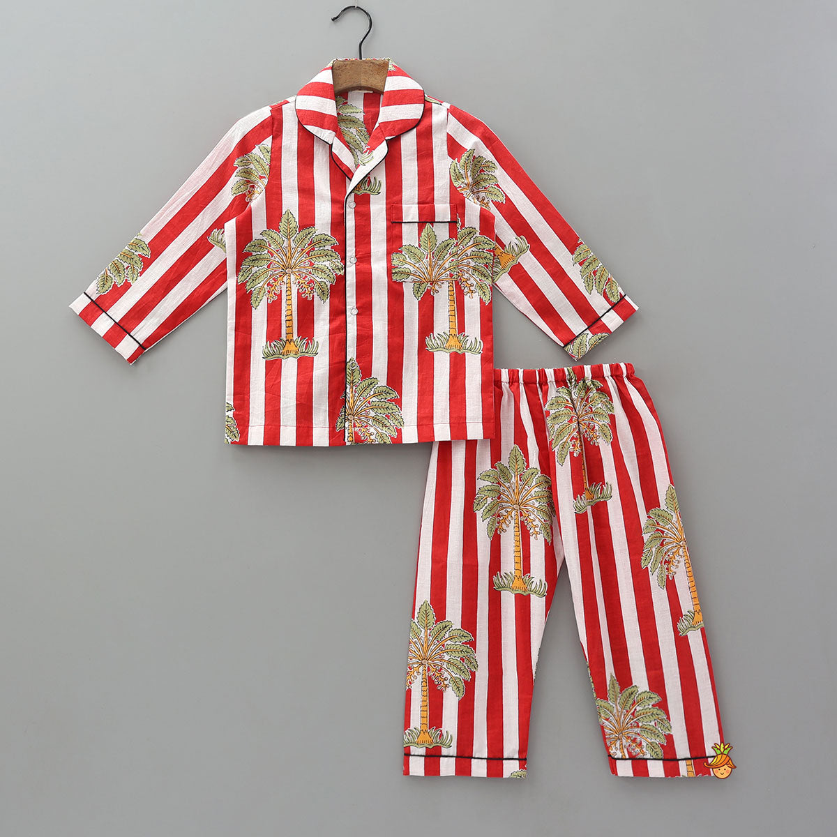 Tree Printed Striped Sleepwear Set With Matching Tote Bag