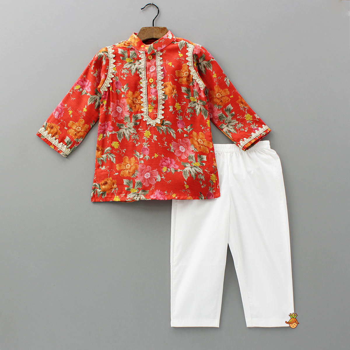 Floral Printed Silk Kurta And Pyjama