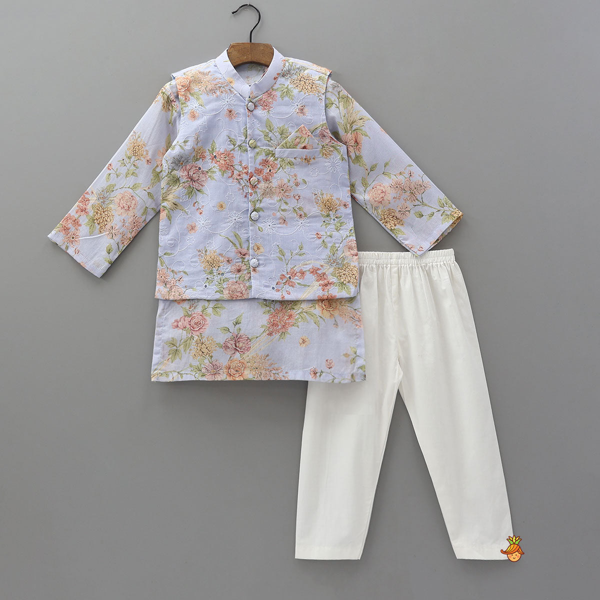 Floral Printed Kurta With Matching Jacket And Pyjama