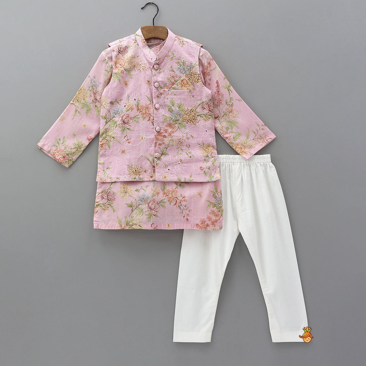 Floral Printed Elegant Kurta With Matching Jacket And Pyjama
