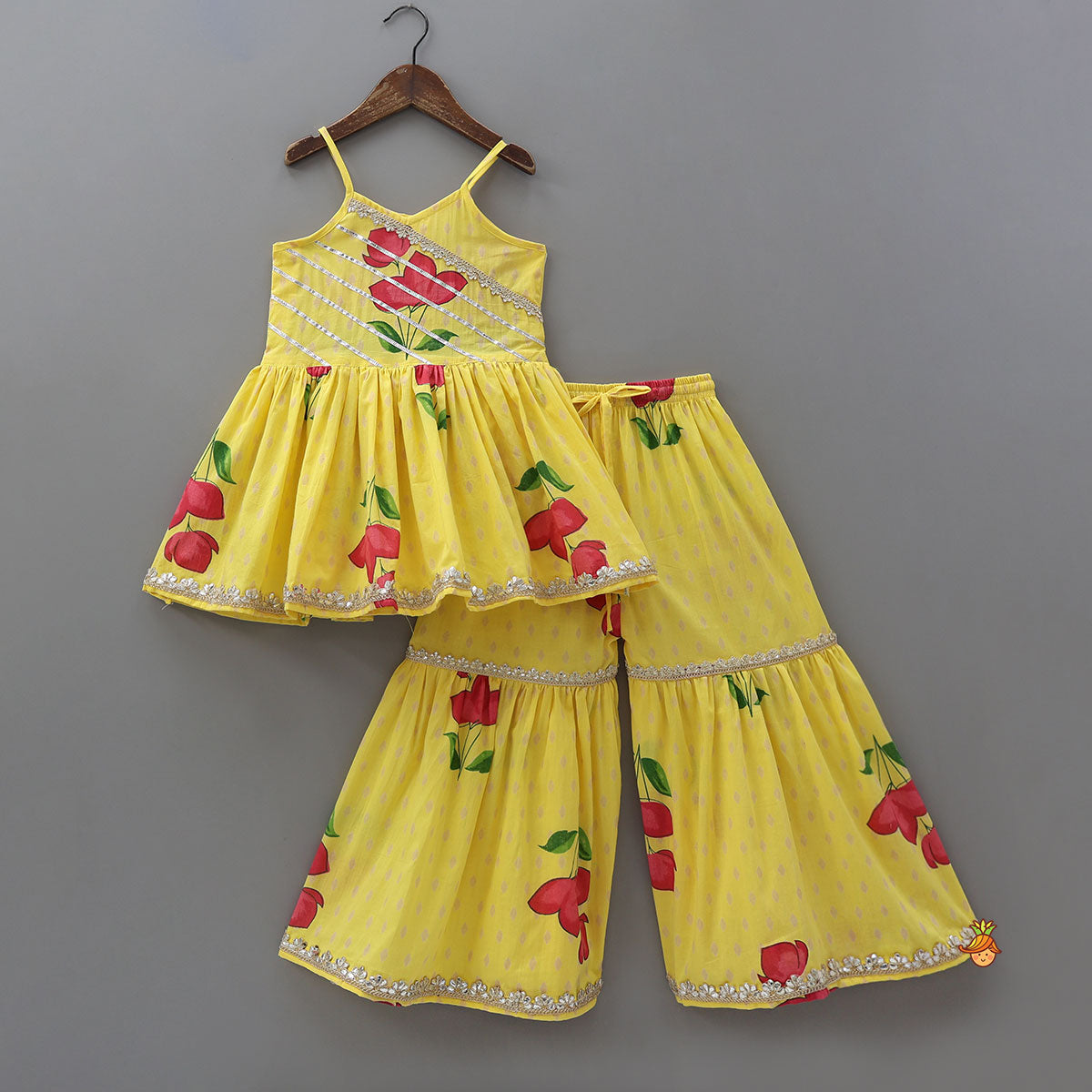 Vibrant Floral Strappy Peplum Top With Sharara And Dupatta