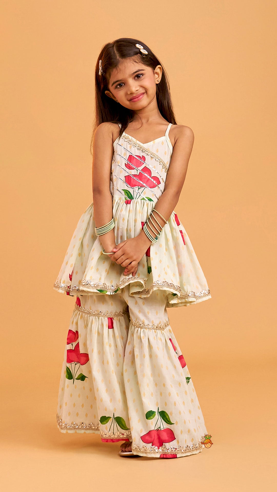 Floral Strappy Peplum Top With Sharara And Dupatta