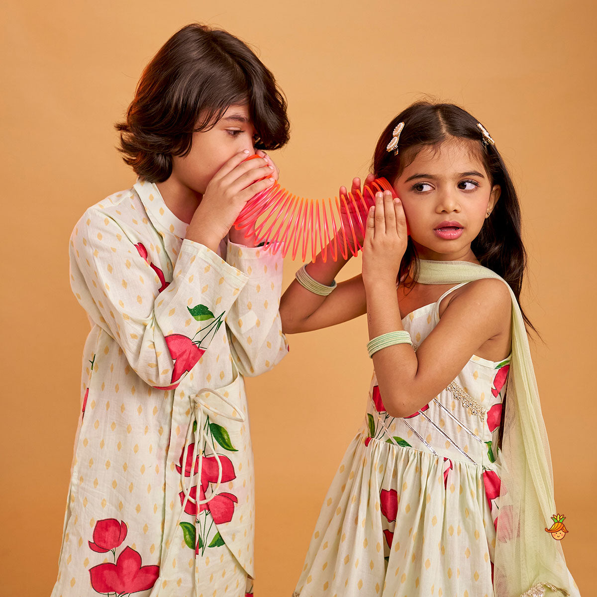 Floral Strappy Peplum Top With Sharara And Dupatta twinning model image 2
