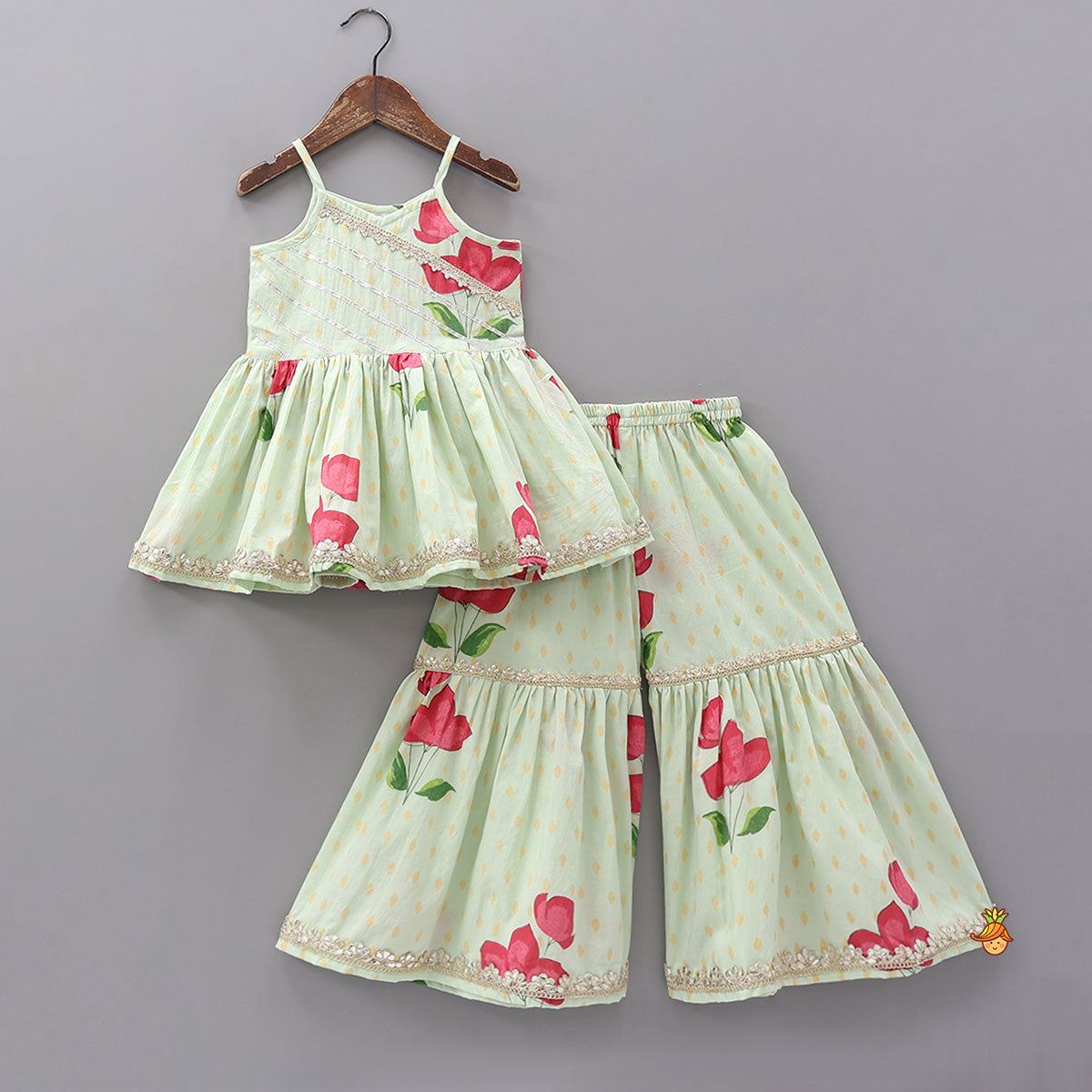 Floral Strappy Peplum Top With Sharara And Dupatta