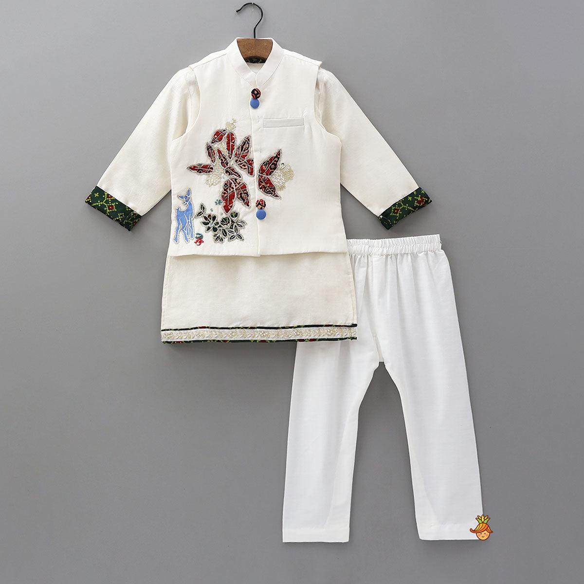 Ethnic Kurta With Patch Work Jacket And Pyjama