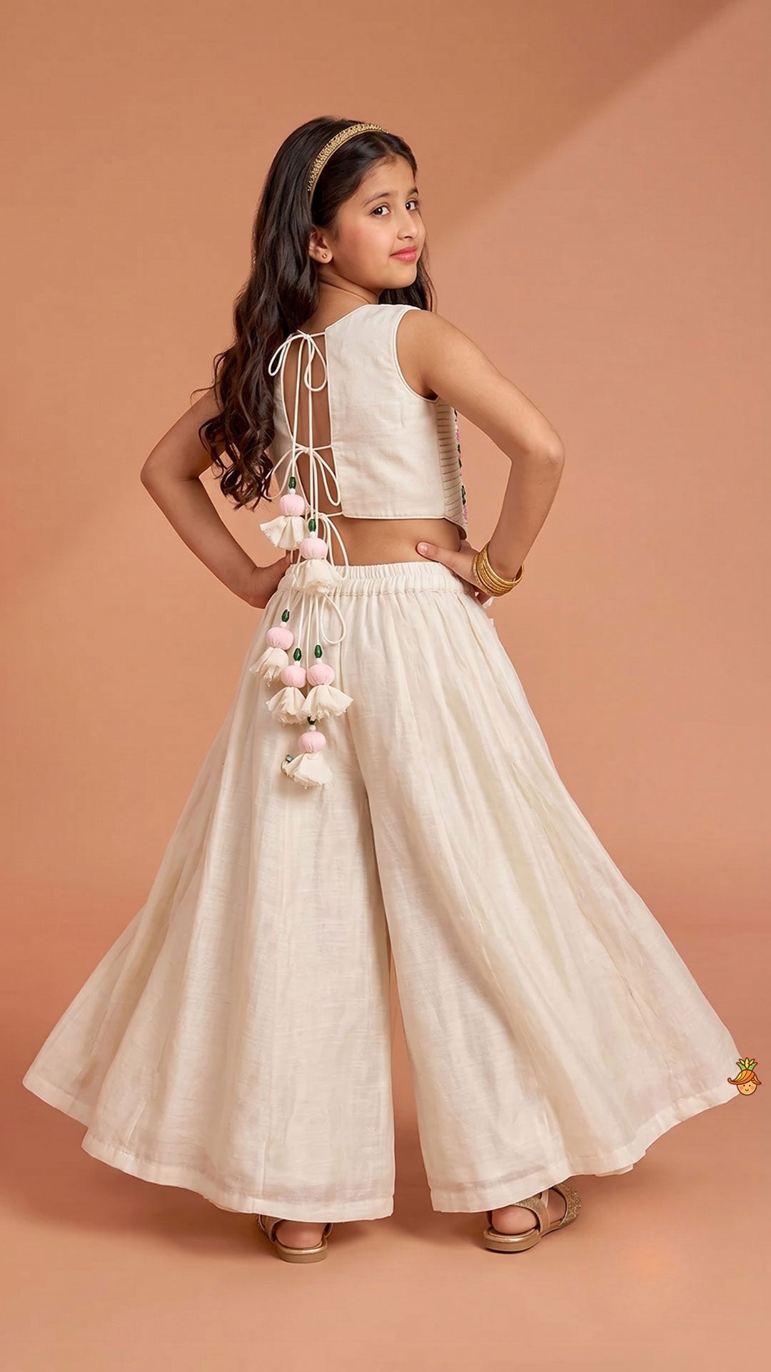 Tassel Detailed Floral Embroidered Top With Palazzo
