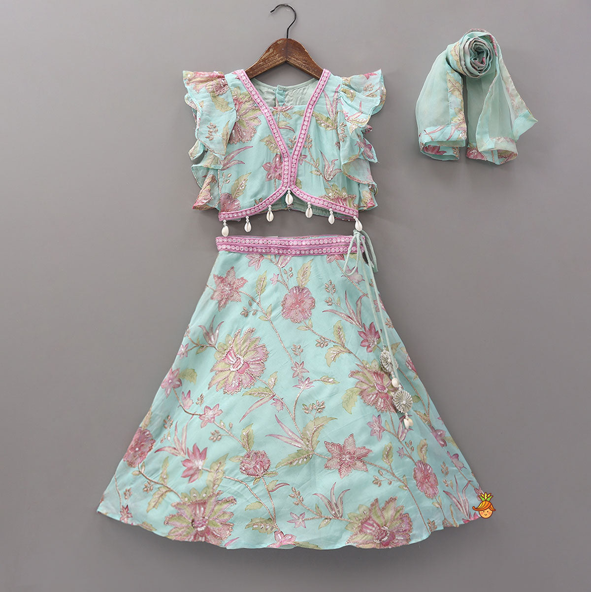 Floral Printed And Embroidered Top With Matching Lehenga And Dupatta