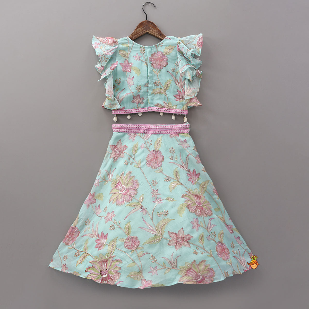 Floral Printed And Embroidered Top With Matching Lehenga And Dupatta