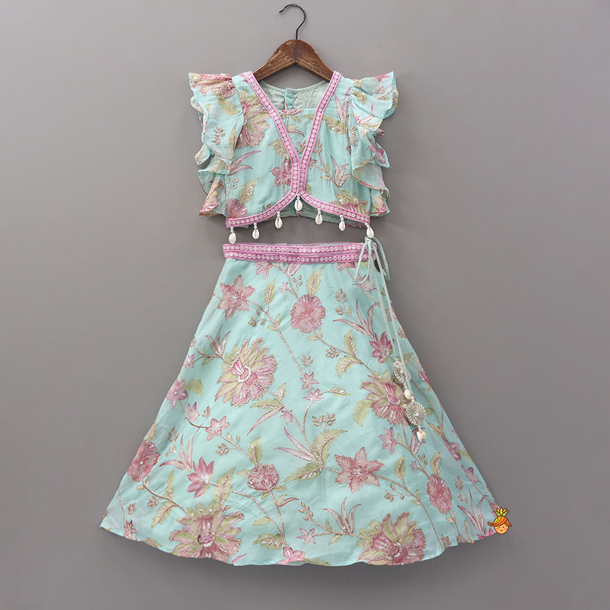 Floral Printed And Embroidered Top With Matching Lehenga And Dupatta