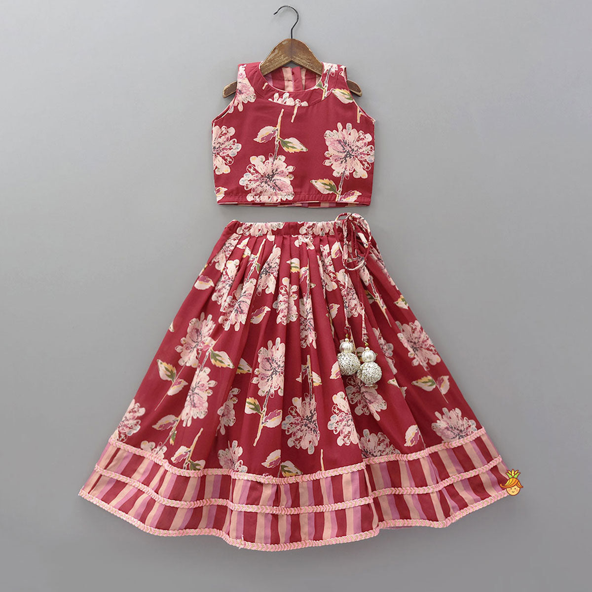 Floral Printed Crop Top And Lehenga With Dupatta
