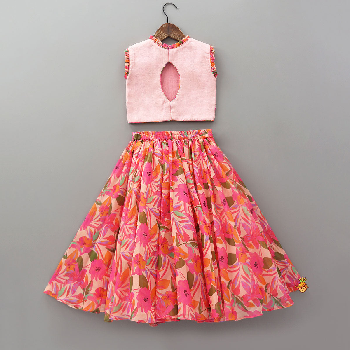 Floral Applique Embroidered Crop Top And Printed Lehenga With Dupatta