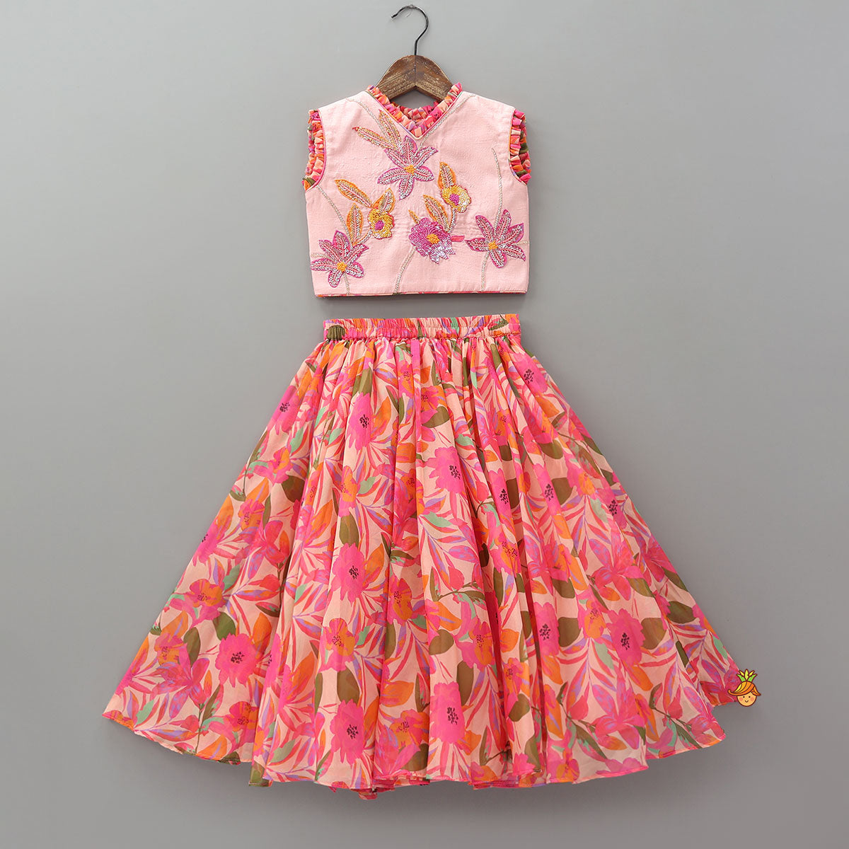 Floral Applique Embroidered Crop Top And Printed Lehenga With Dupatta