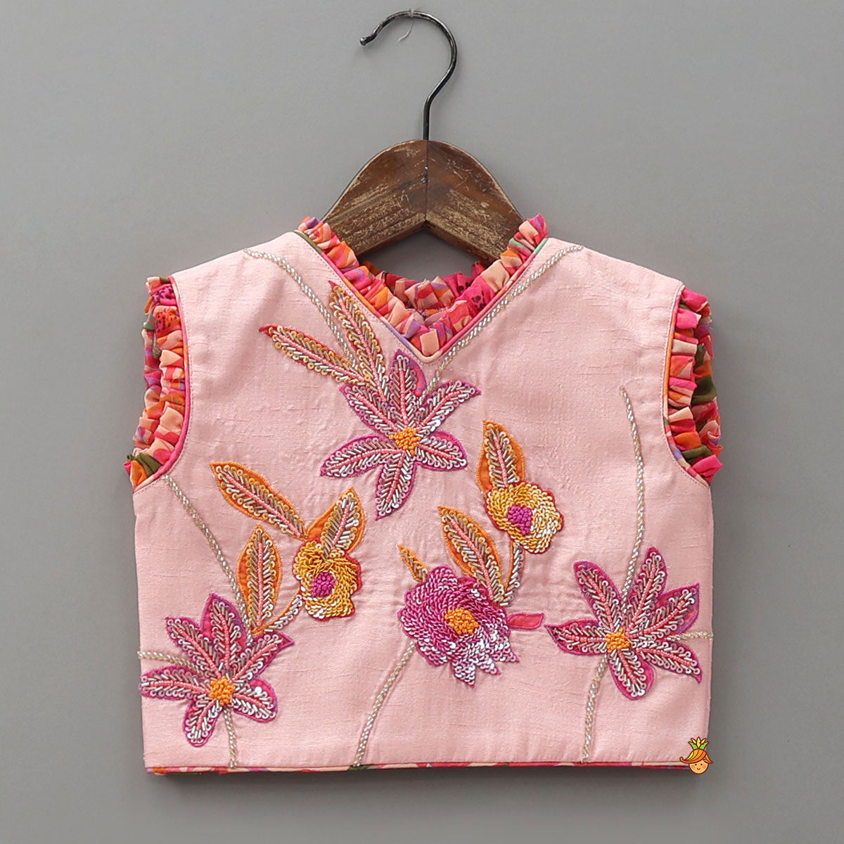 Floral Applique Embroidered Crop Top And Printed Lehenga With Dupatta