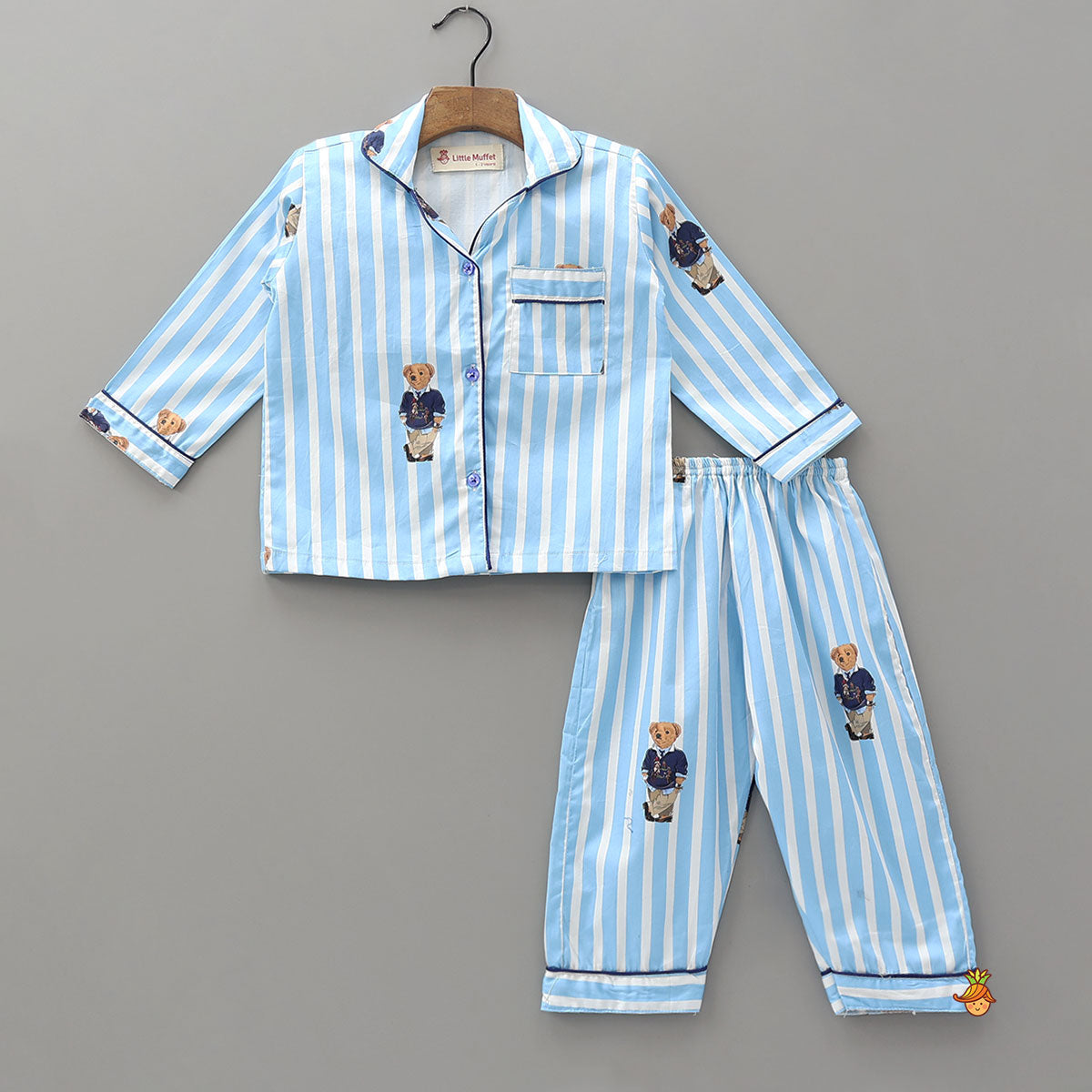 Teddy Print Striped Shirt And Pyjama
