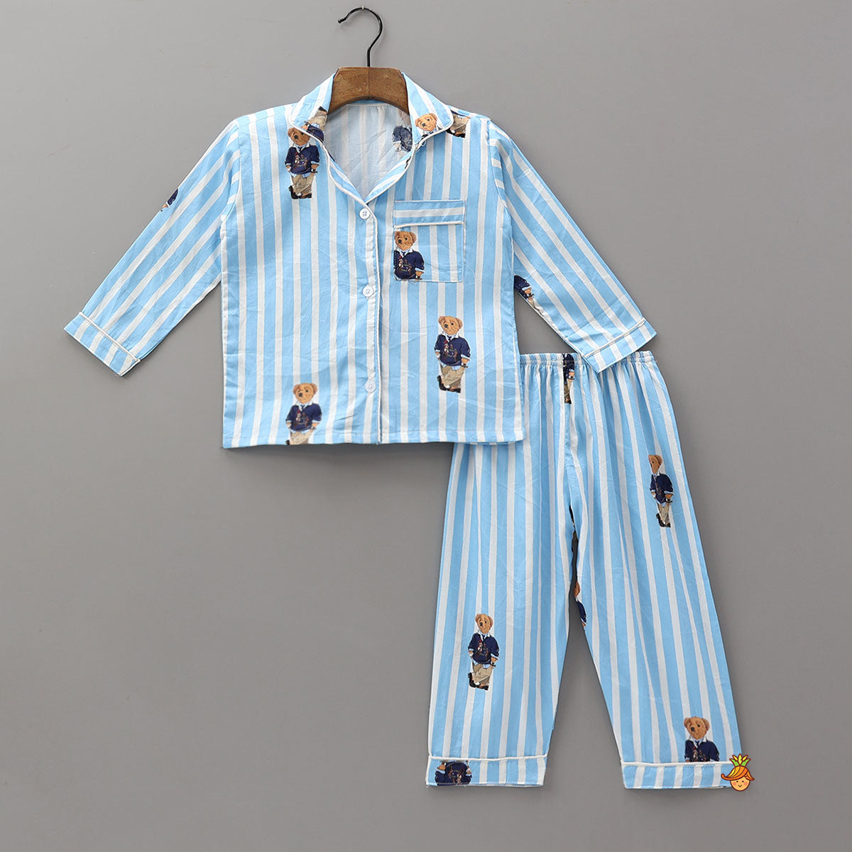 Teddy Print Striped Shirt And Pyjama