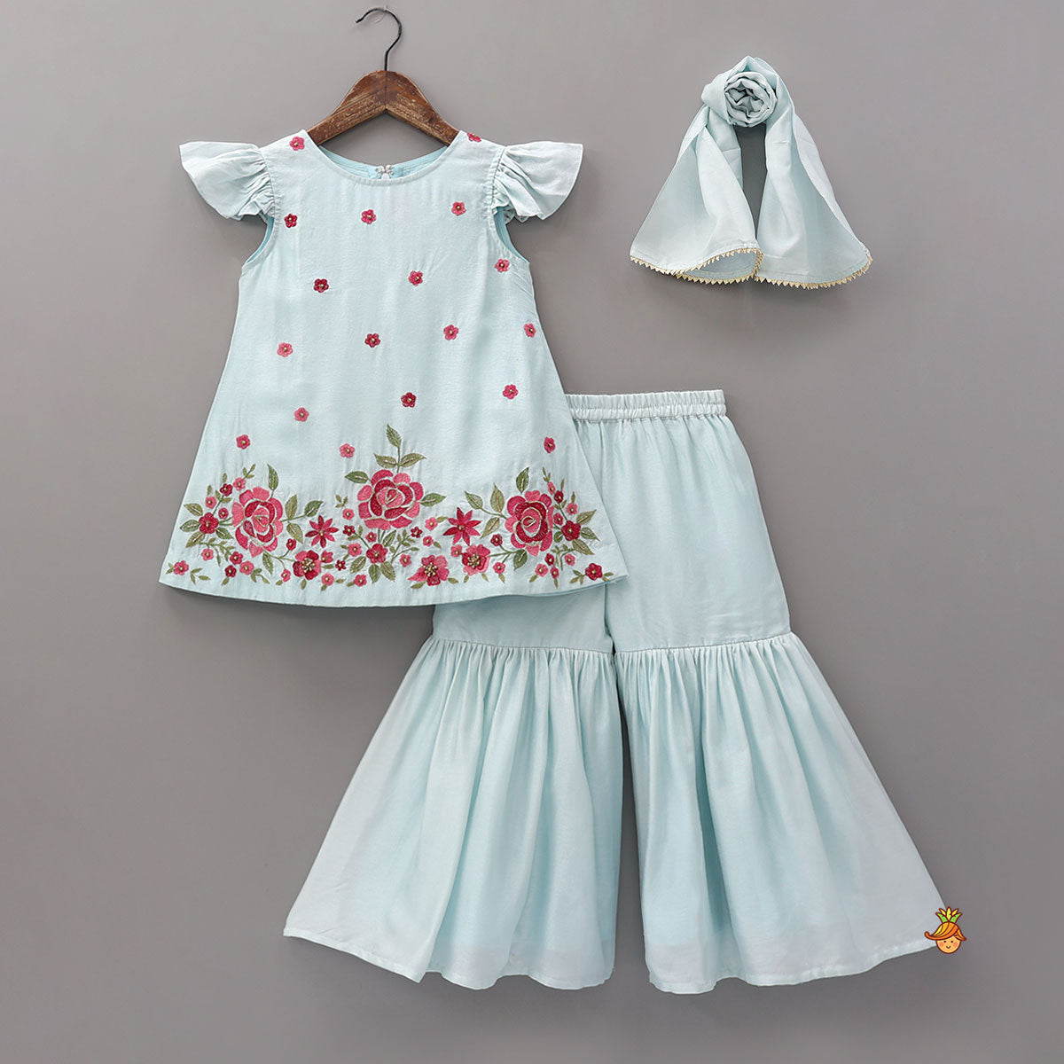 Floral Leaves Embroidered Kurti With Sharara and Dupatta