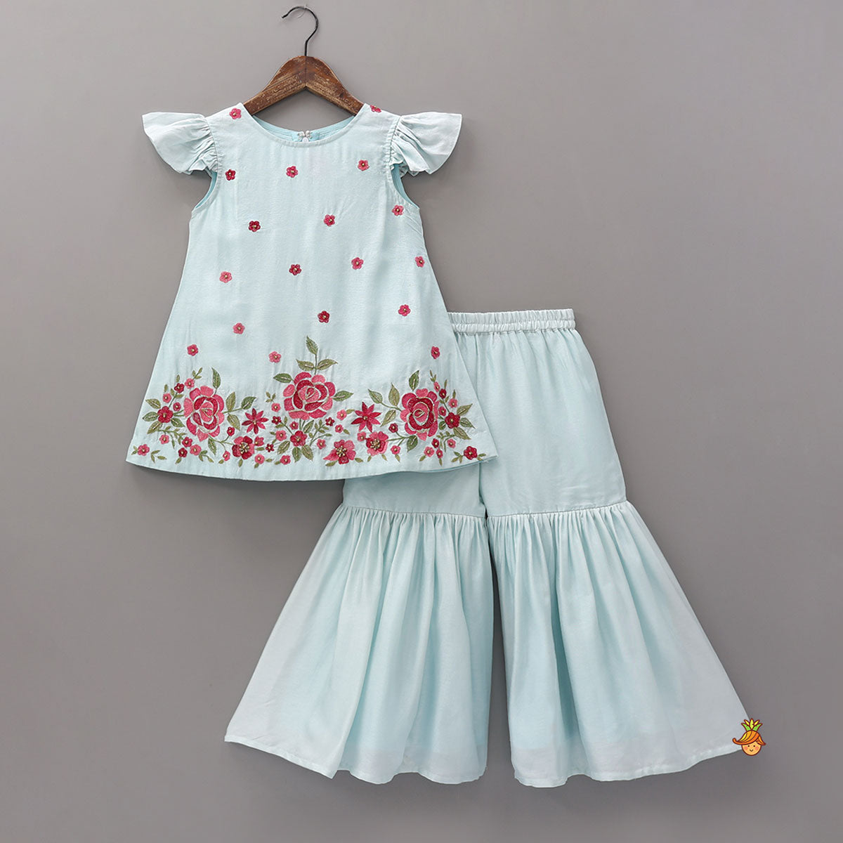 Floral Leaves Embroidered Kurti With Sharara and Dupatta