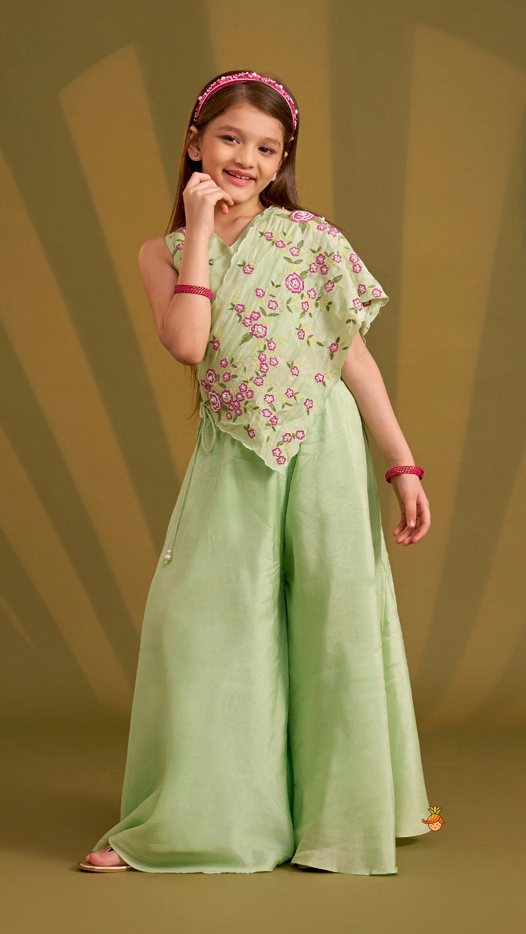 Floral Hand Embroidered Top With Flared Palazzo And Attached Dupatta