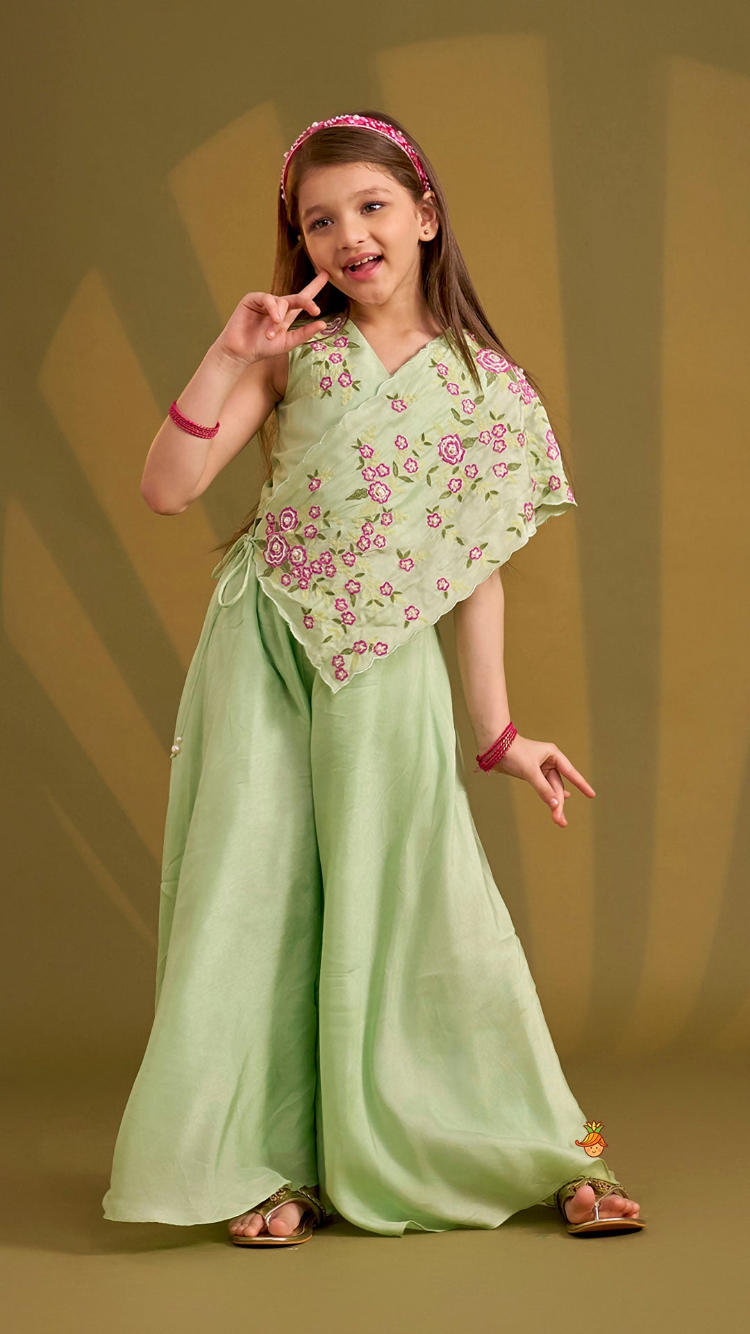 Floral Hand Embroidered Top With Flared Palazzo And Attached Dupatta