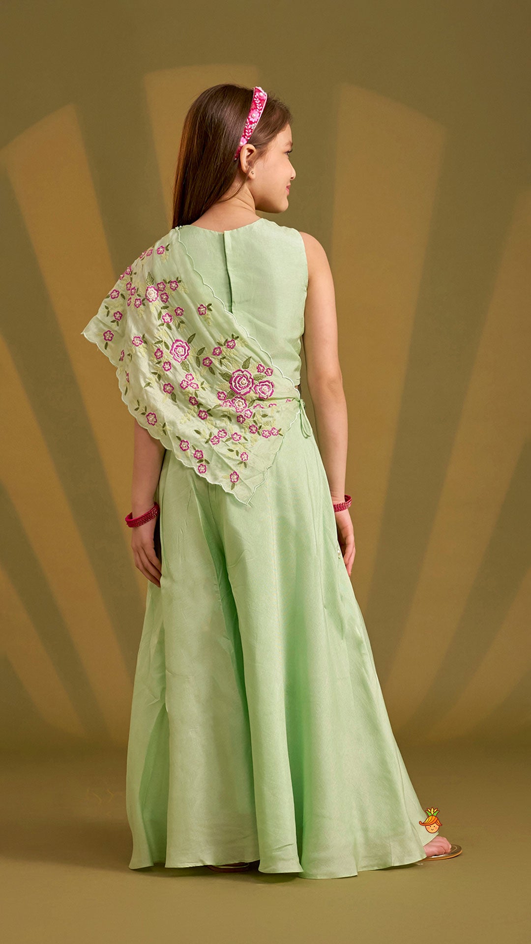 Floral Hand Embroidered Top With Flared Palazzo And Attached Dupatta
