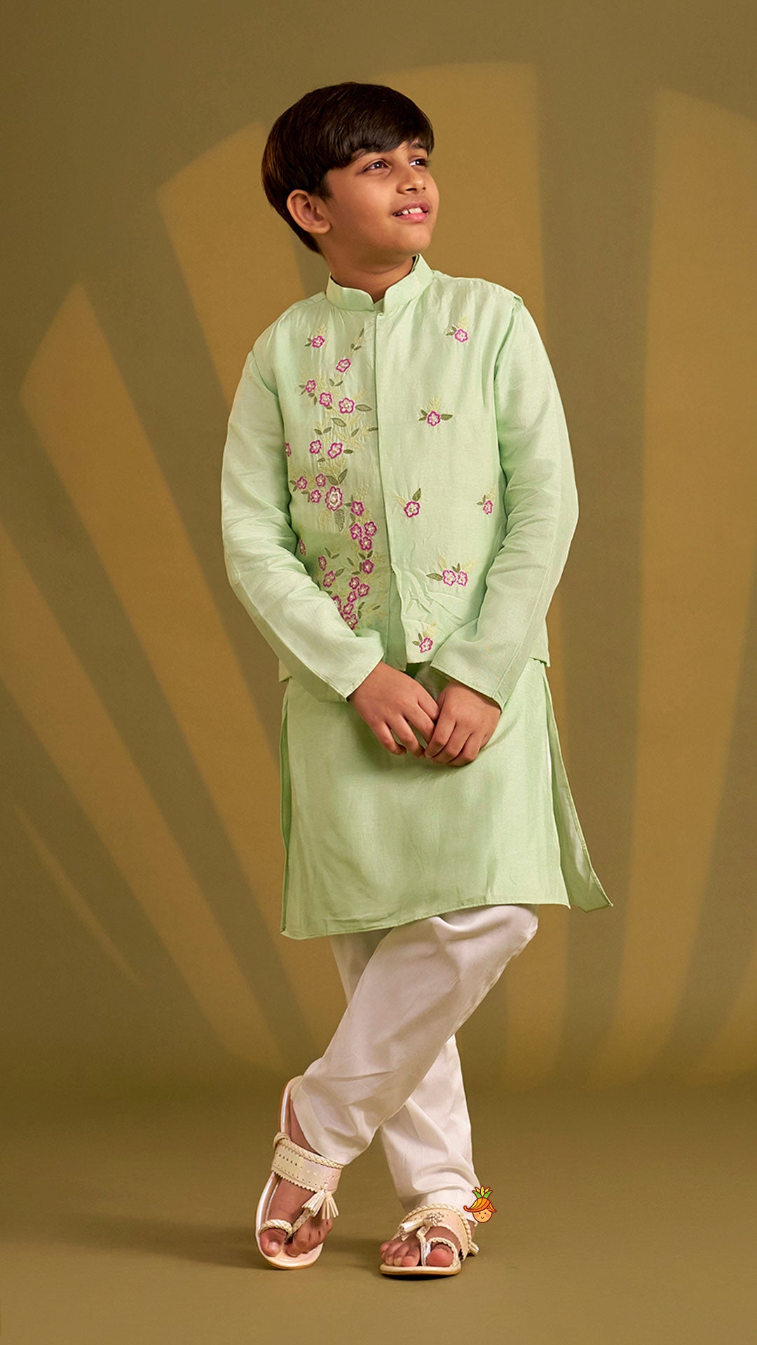 Ethnic Silk Kurta With Floral Embroidered Jacket And Pyjama