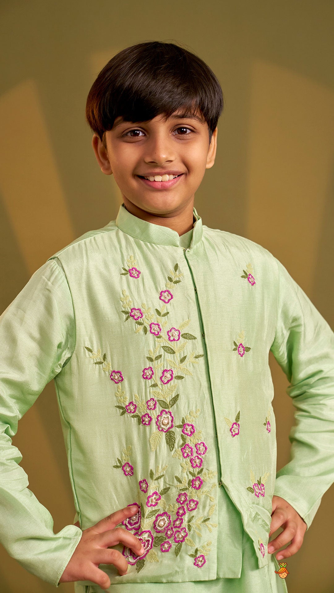 Ethnic Silk Kurta With Floral Embroidered Jacket And Pyjama