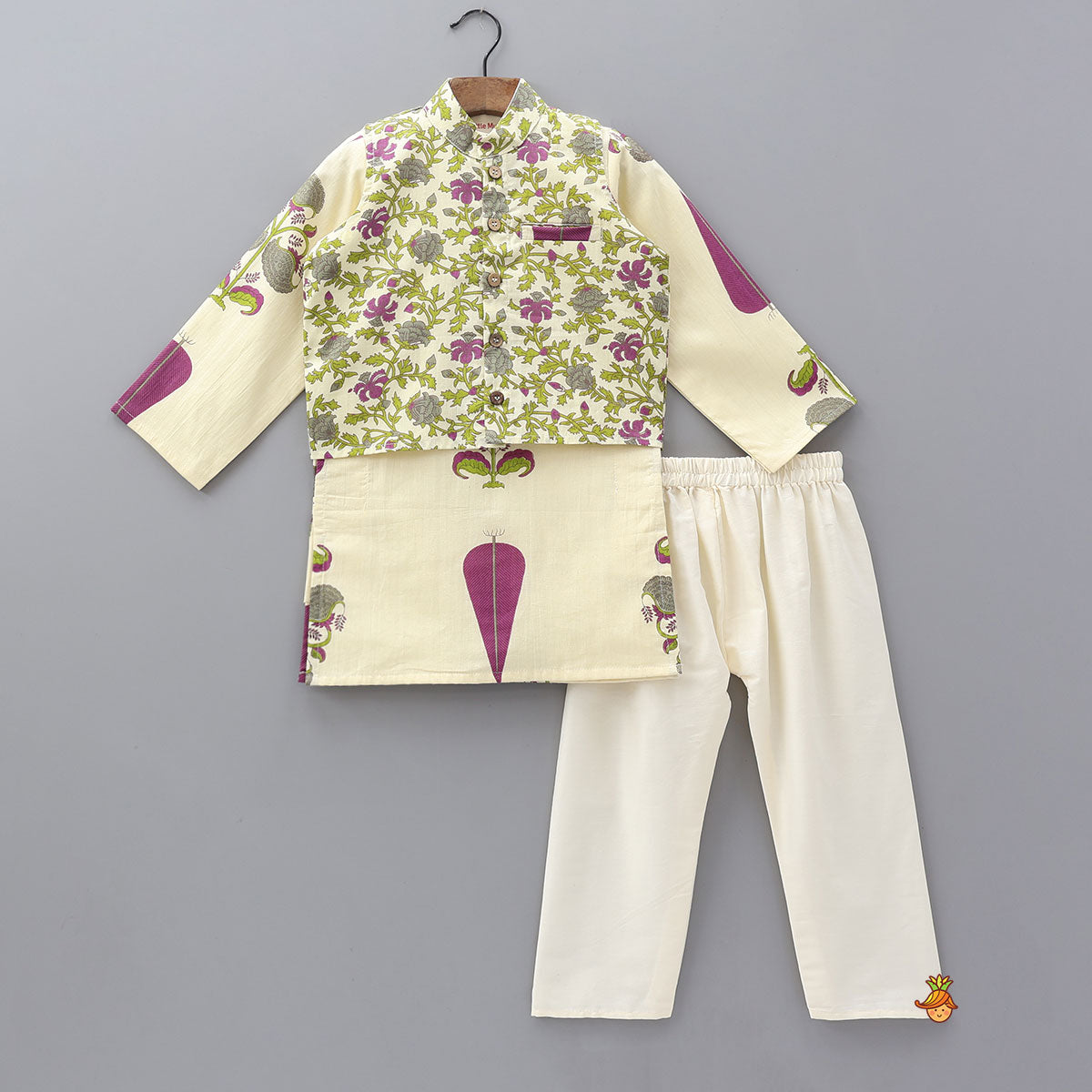 Floral Block Printed Kurta Jacket Set With Pyjama