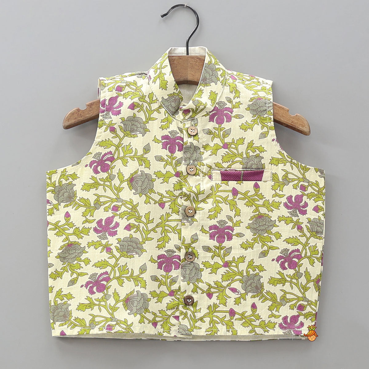 Floral Block Printed Kurta Jacket Set With Pyjama