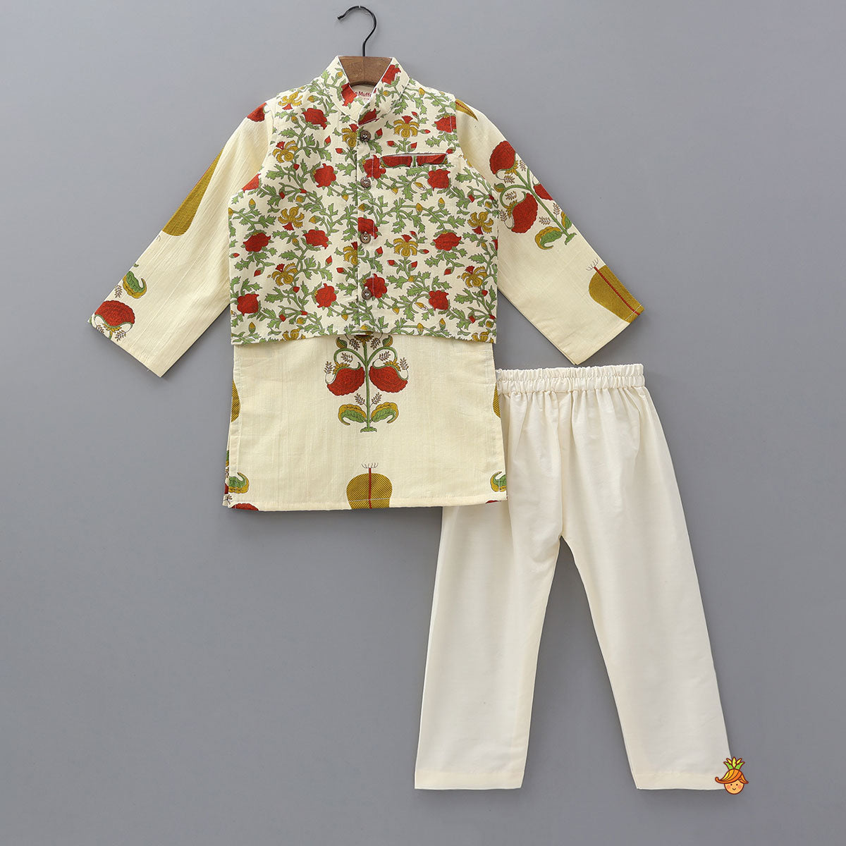 Floral Heritage Print Kurta And Jacket With Pyjama