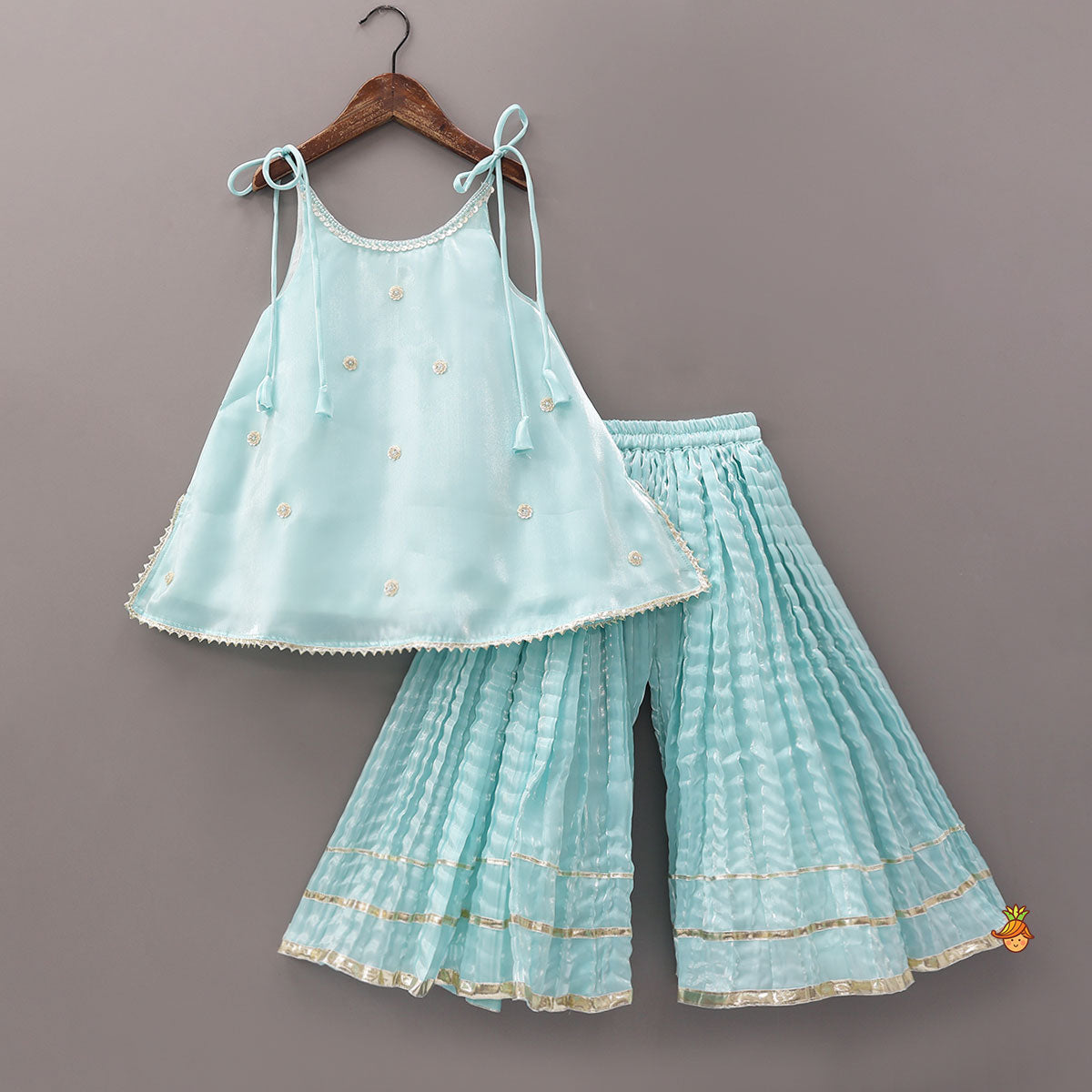 Sleeveless Sheen Elegant Kurti And Crushed Fabric Palazzo With Hair Tie