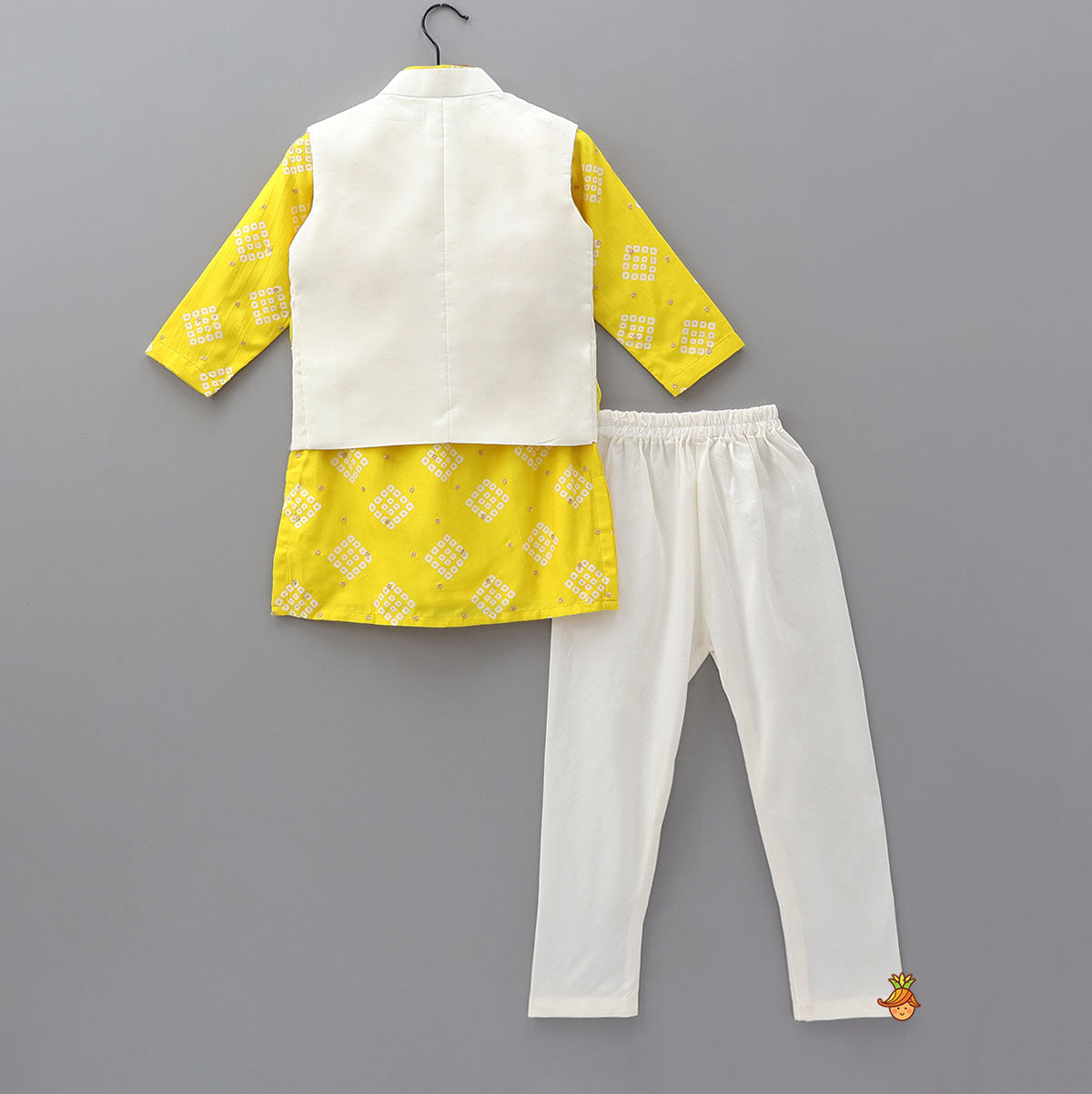 Bandhani Print Kurta With Floral Applique Jacket And Churidar