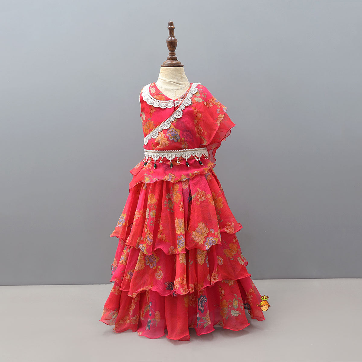 Floral Draped Overlay Top With Lehenga And Waistbelt