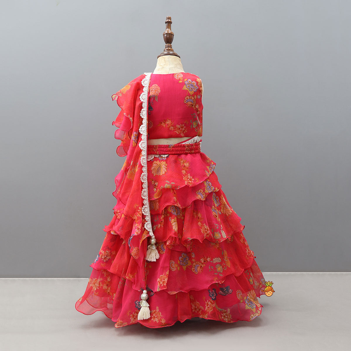 Floral Draped Overlay Top With Lehenga And Waistbelt
