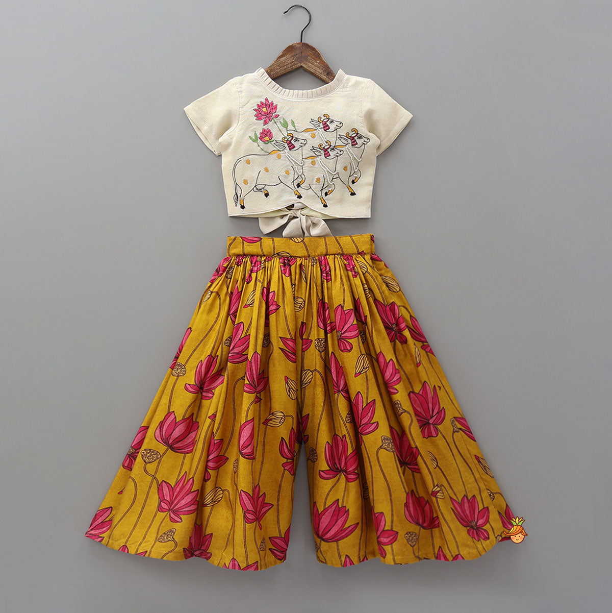 Cow and Floral Motif Embroidered Top With Palazzo