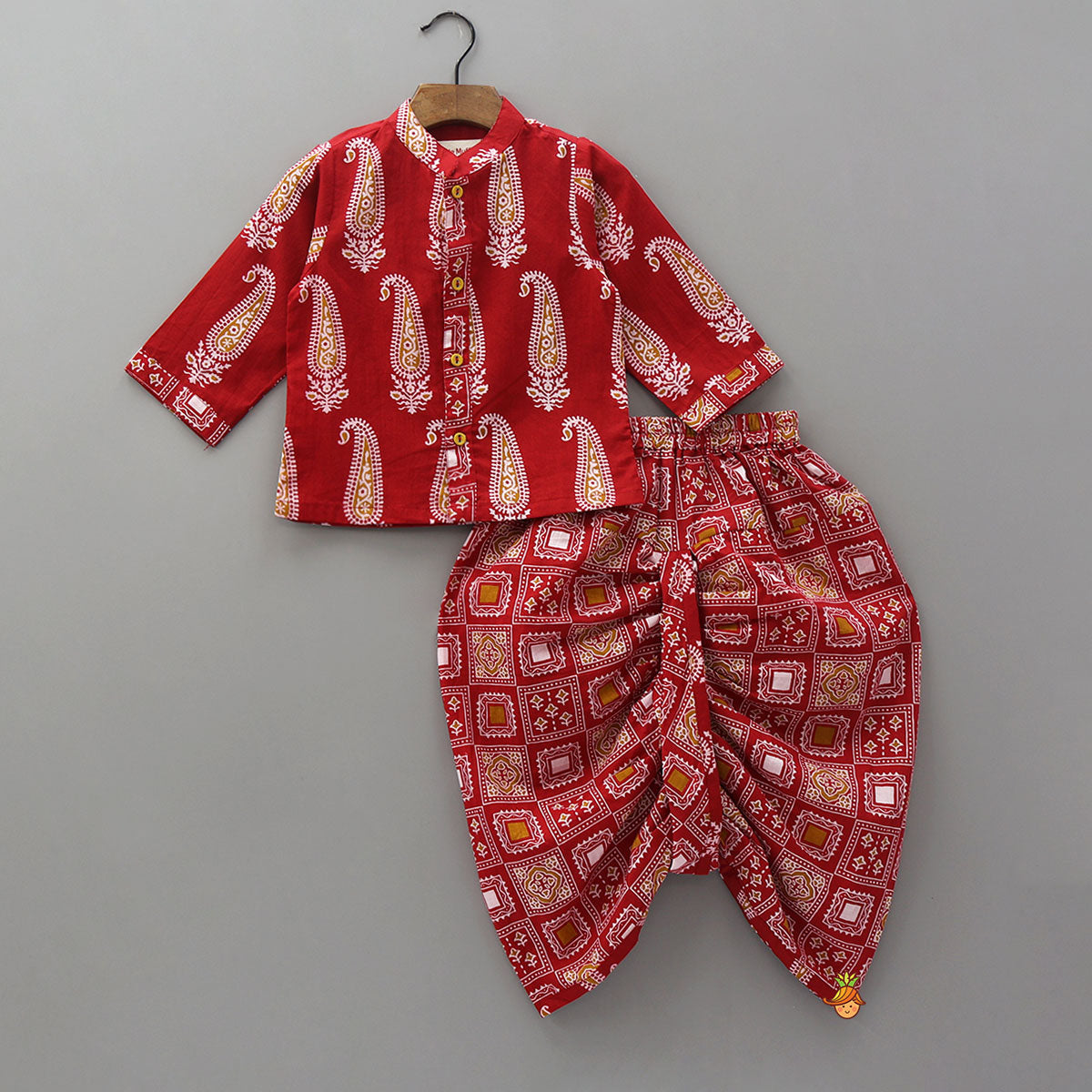 Printed Cotton Front Open Kurta And Matching Dhoti