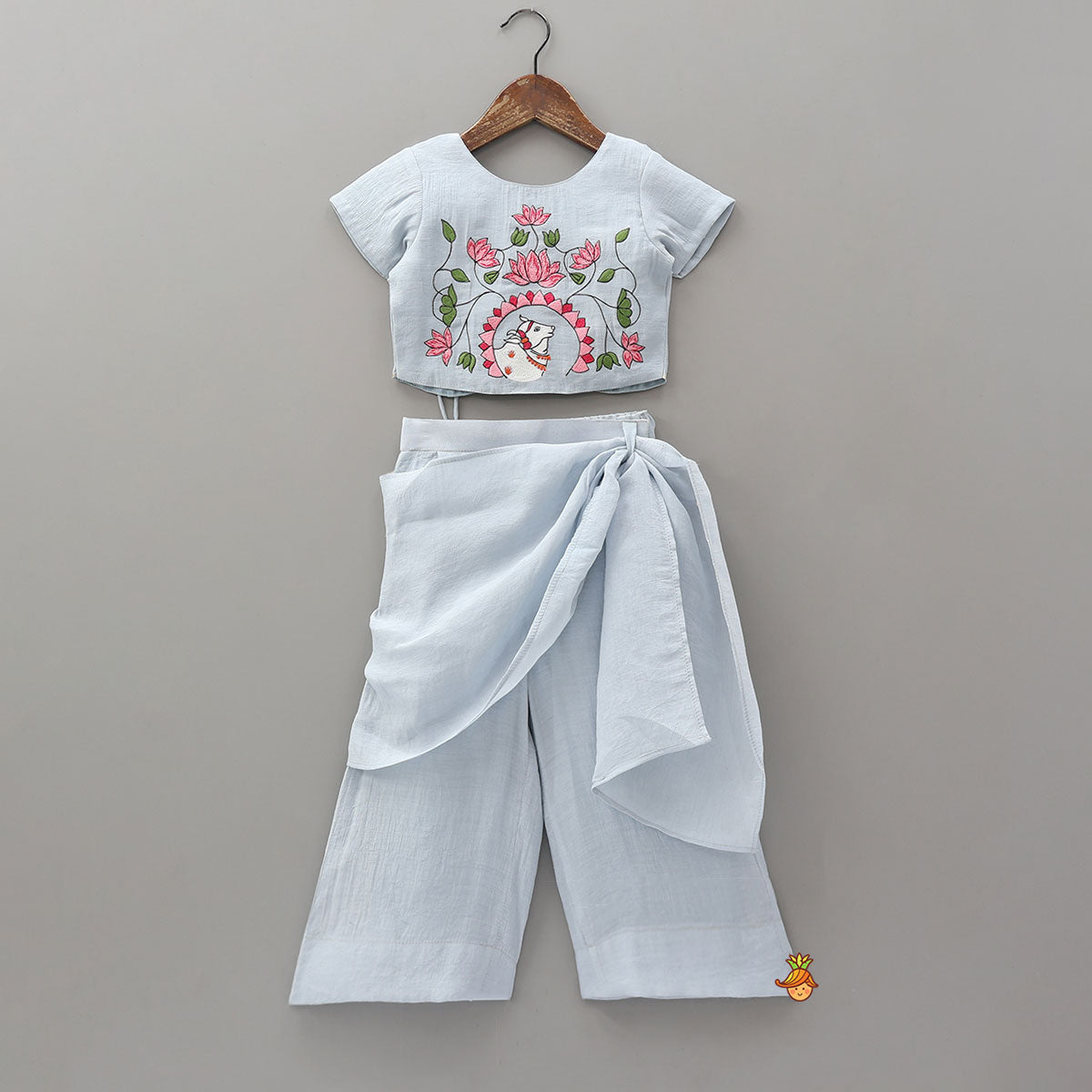 Hand Embroidered Tie Up Crop Top With Drape Style Palazzo