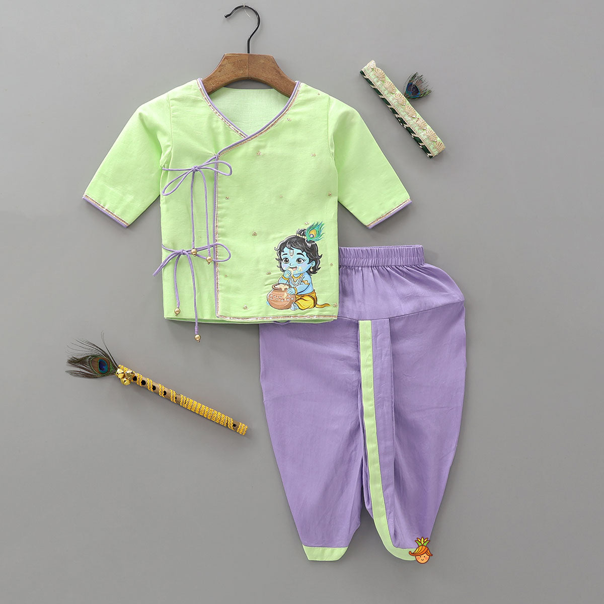 Hand Painted Krishna Motif Kurta And Dhoti With Morpankh Mukut And Basuri