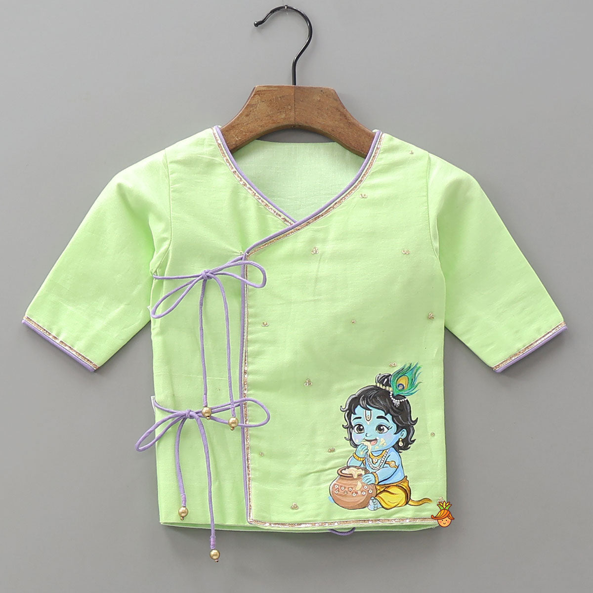 Hand Painted Krishna Motif Kurta And Dhoti With Morpankh Mukut And Basuri