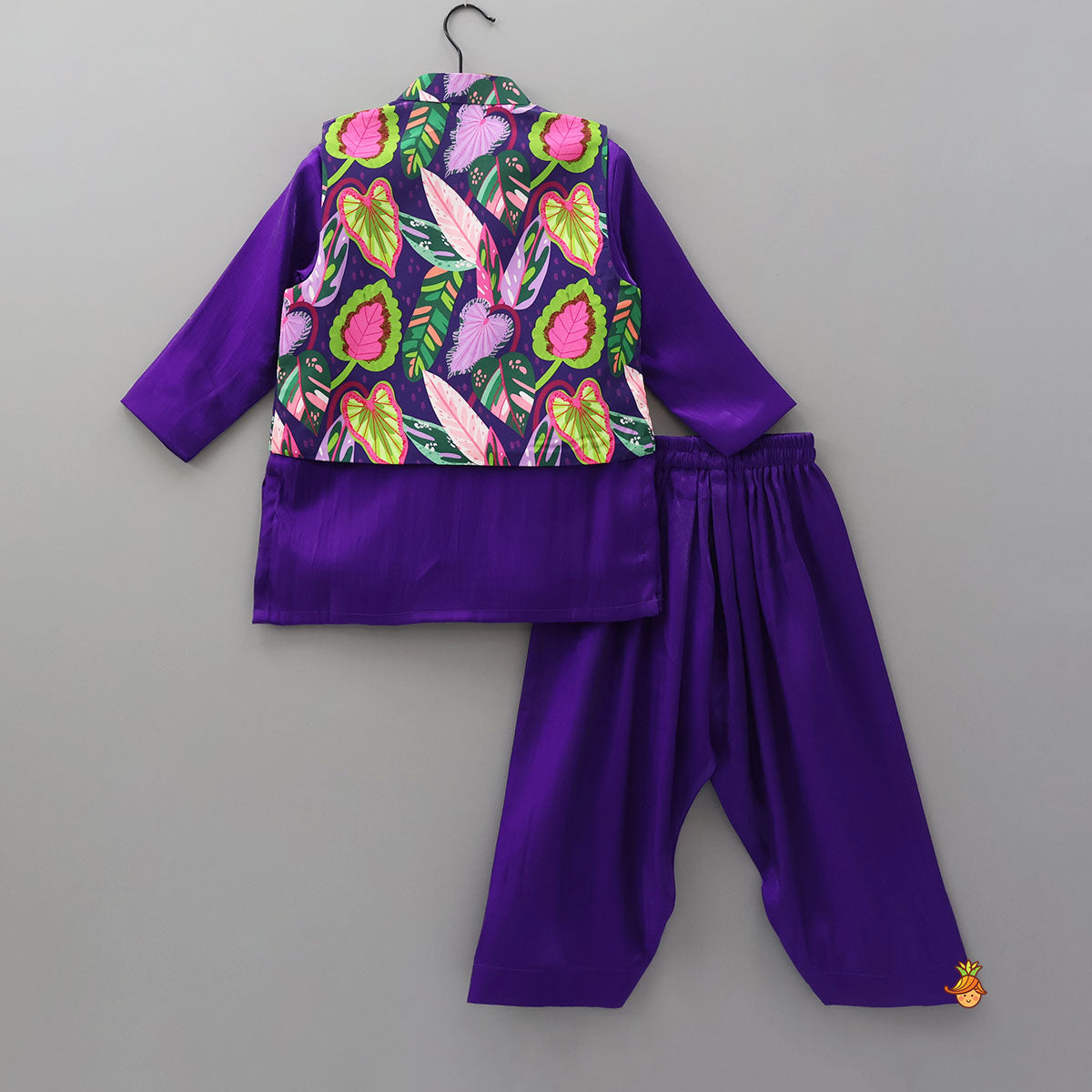 Shimmery Kurta With Leaf Print Jacket And Salwar