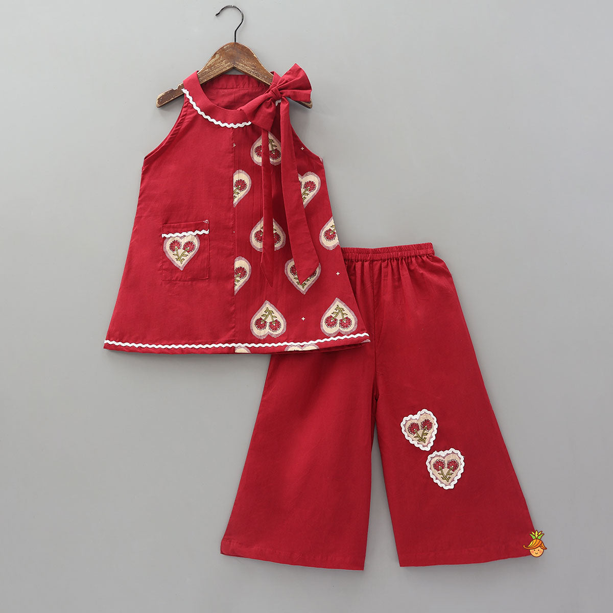 Heart Print Kurta With Statement Shoulder Bow And Palazzo