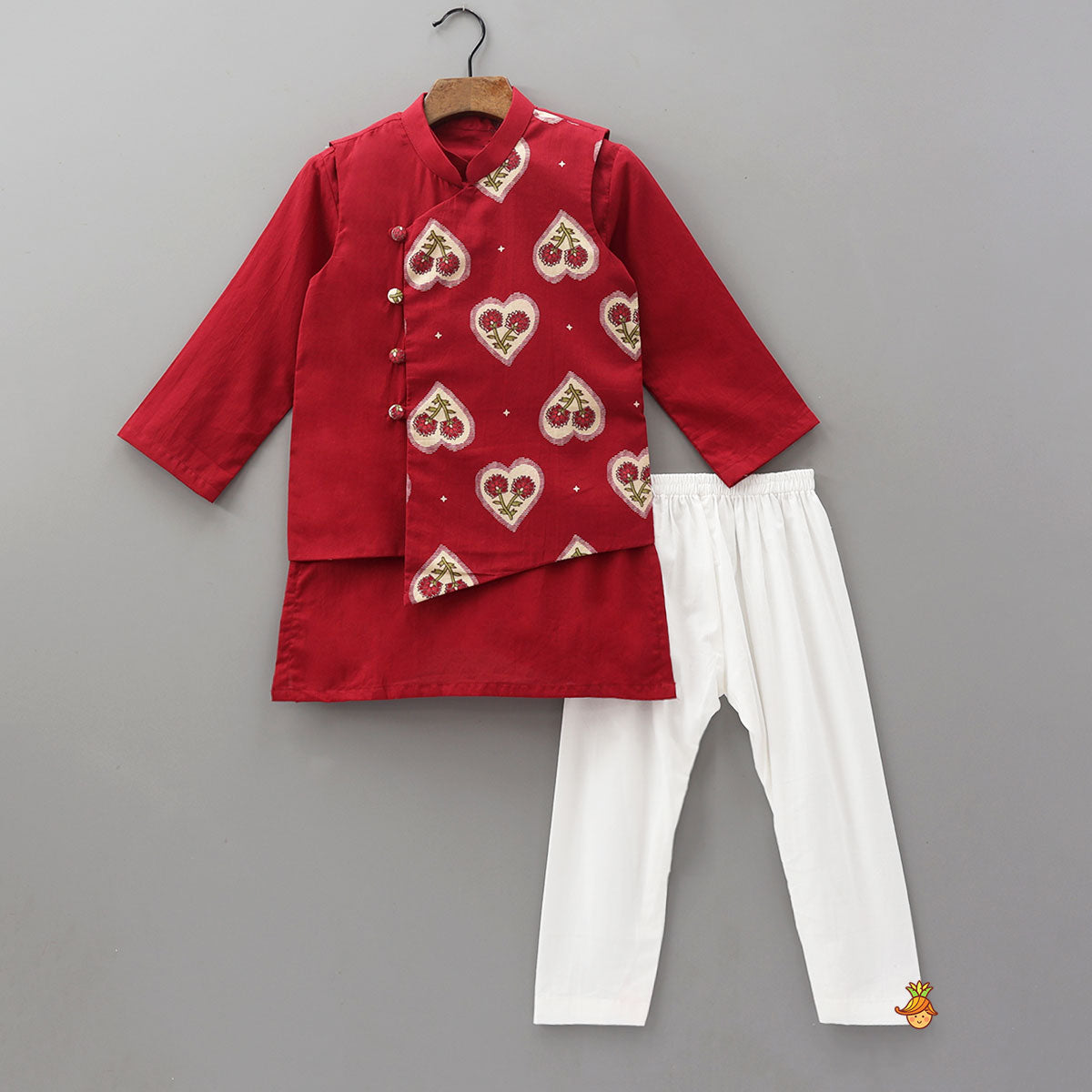 Asymmetric Heart Motif Printed Overlay Kurta With Jacket and Pyjama