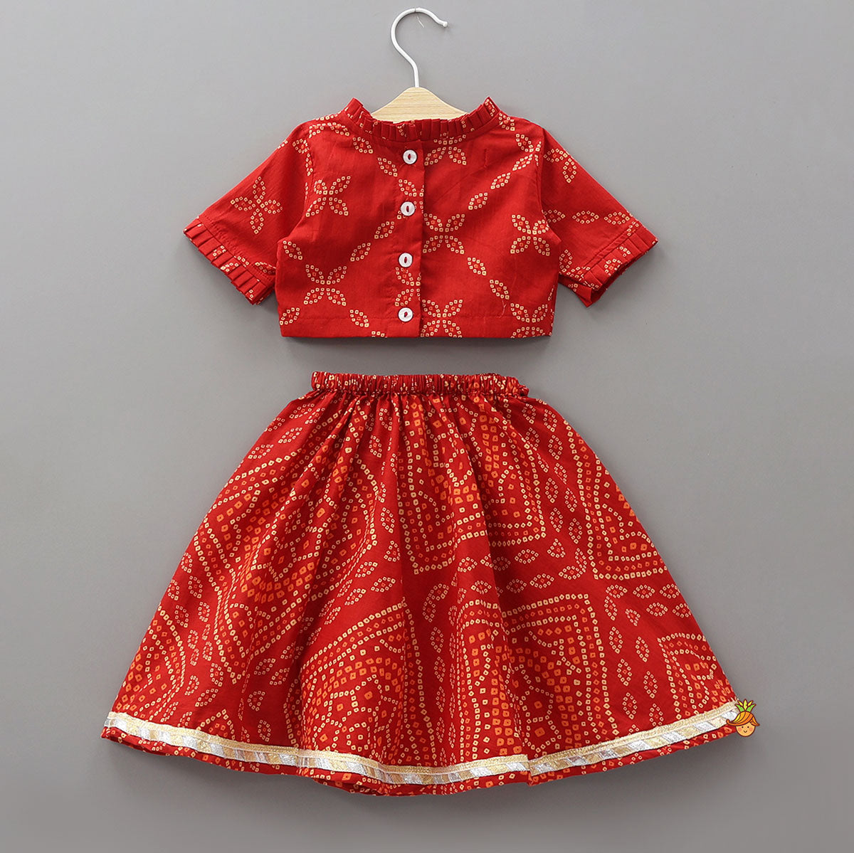 Bandhani Printed Crop Top And Lehenga With Matching Booties And Head Band